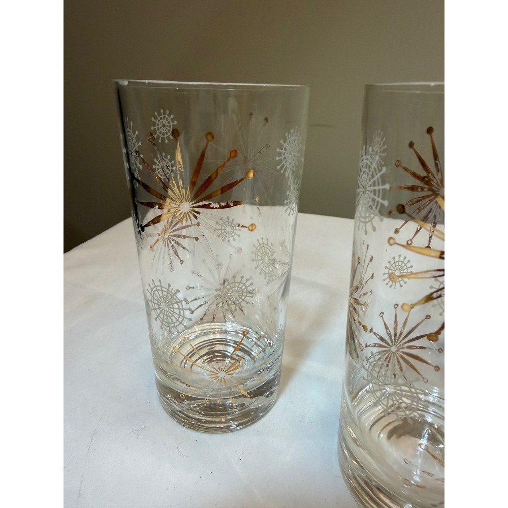 Vintage MCM Atomic Starburst Snowflake Glasses Gold White Set of 6 Retro Barwear